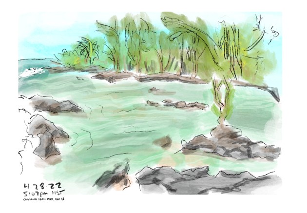 CARLSMITH BEACH PARK / 4.28.22 / HILO, HI / DIGITAL WATERCOLOR AND&nbsp;PENCIL